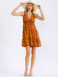 WOMEN'S SLEEVELESS V-NECK ELASTIC WAIST FLORAL MINI DRESS