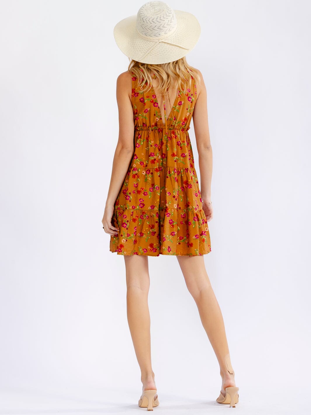 WOMEN'S SLEEVELESS V-NECK ELASTIC WAIST FLORAL MINI DRESS