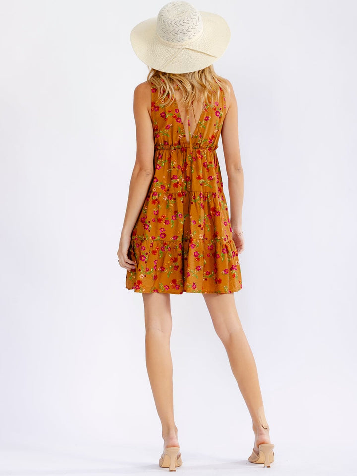 WOMEN'S SLEEVELESS V-NECK ELASTIC WAIST FLORAL MINI DRESS