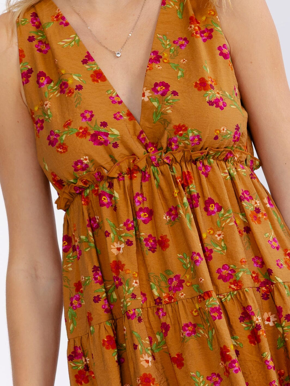 WOMEN'S SLEEVELESS V-NECK ELASTIC WAIST FLORAL MINI DRESS