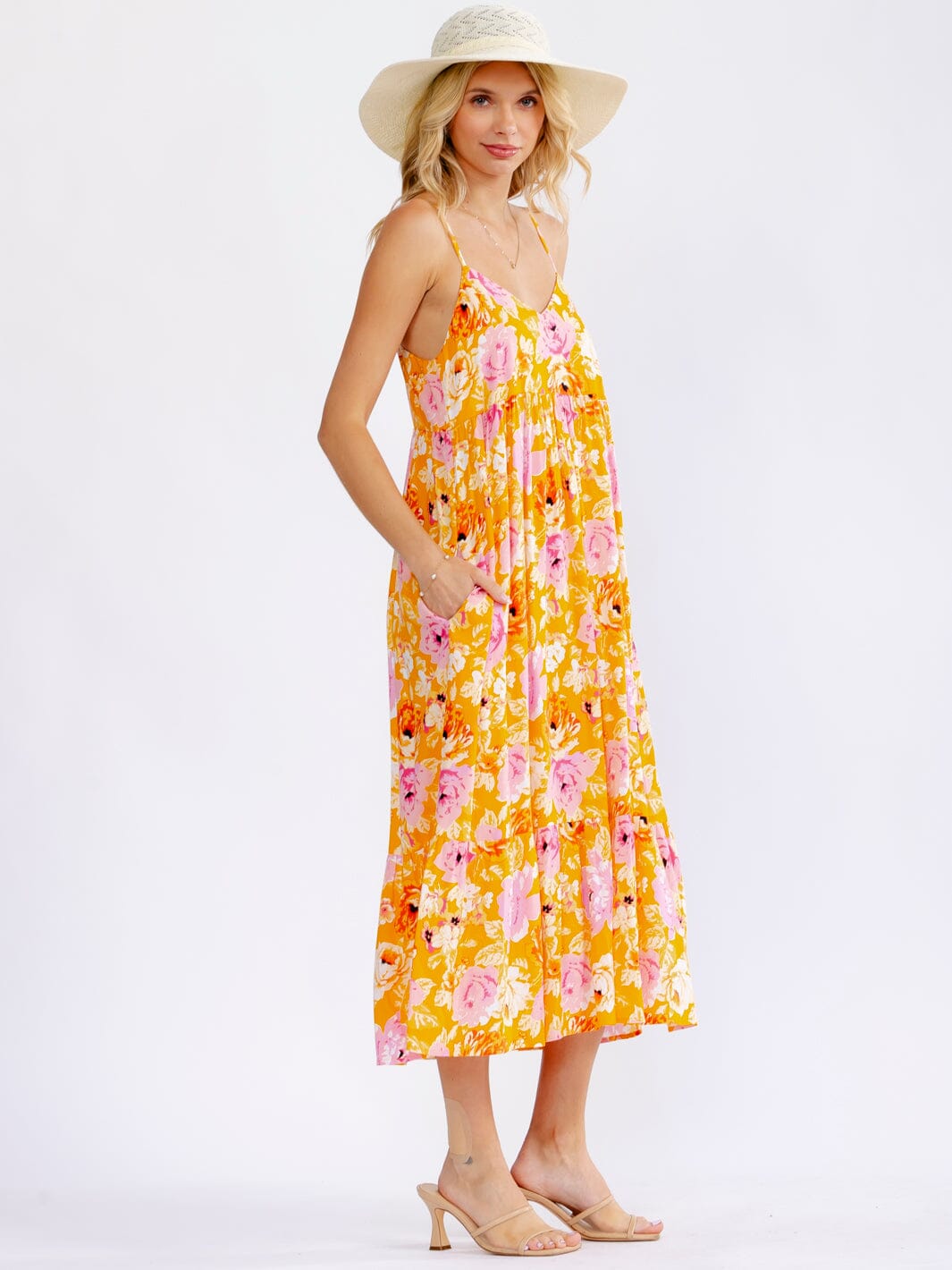 WOMEN'S SLEEVELESS FRONT POCKETS FLORAL PRINT LOOSE FIT MAXI DRESS