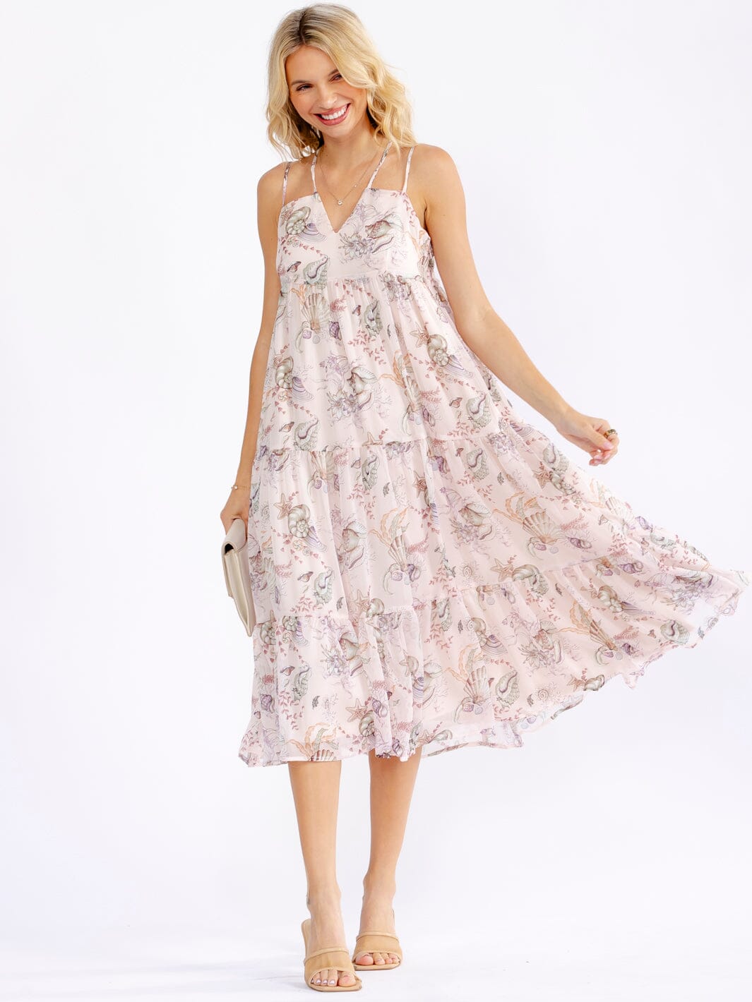 WOMEN'S SLEEVELESS V-NECK TIERED FLORAL MIDI DRESS