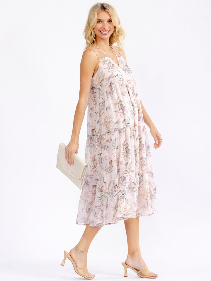 WOMEN'S SLEEVELESS V-NECK TIERED FLORAL MIDI DRESS