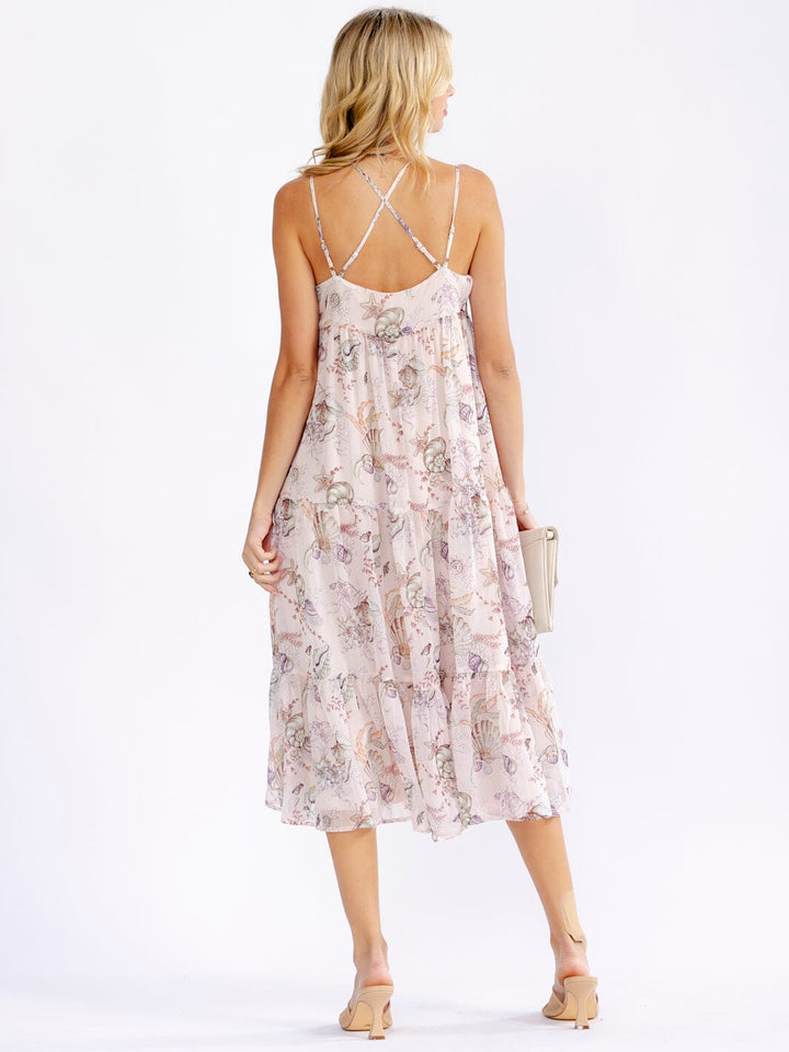 WOMEN'S SLEEVELESS V-NECK TIERED FLORAL MIDI DRESS