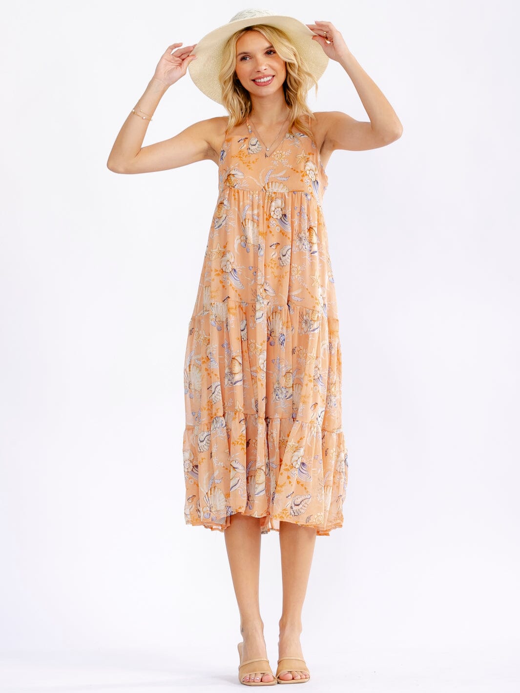WOMEN'S SLEEVELESS V-NECK TIERED FLORAL MIDI DRESS