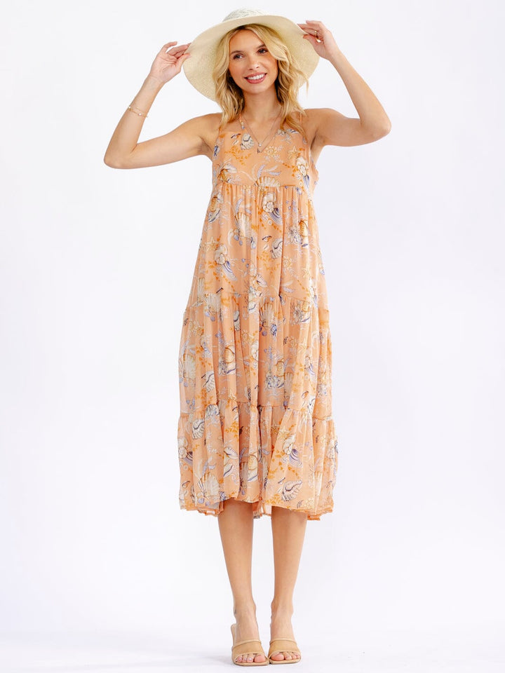WOMEN'S SLEEVELESS V-NECK TIERED FLORAL MIDI DRESS