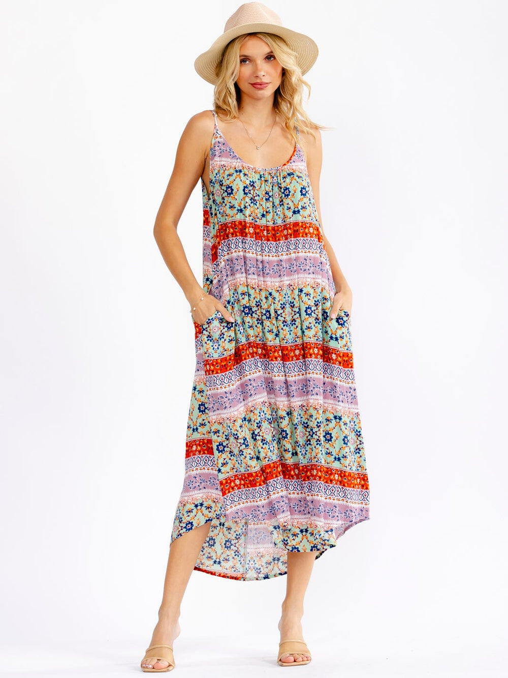 WOMEN'S SLEEVELESS FRONT POCKETS FLORAL MAXI DRESS