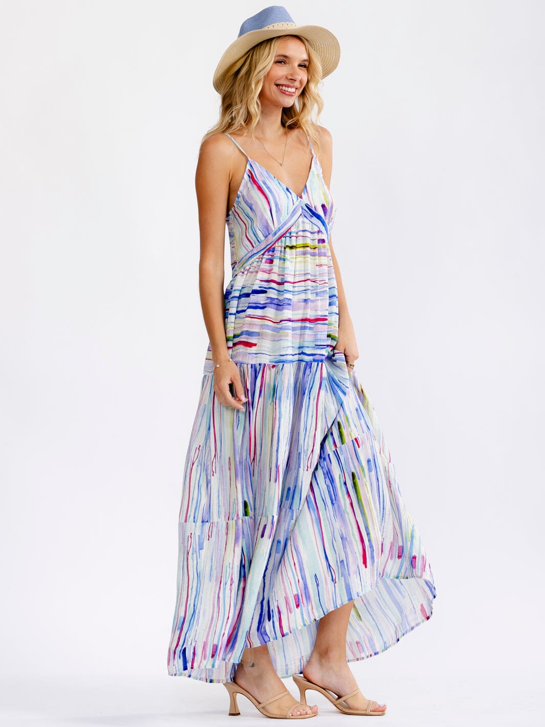 WOMEN'S SLEEVELESS V-NECK MULTI PRINT LOOSE FIT MAXI DRESS