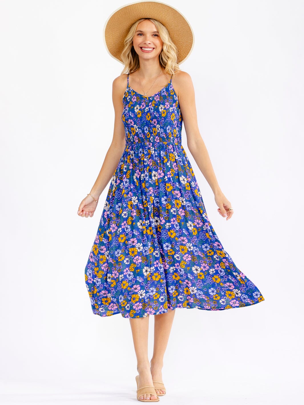 WOMEN'S SLEEVELESS V-NECK SMOCK FLORAL MIDI DRESS
