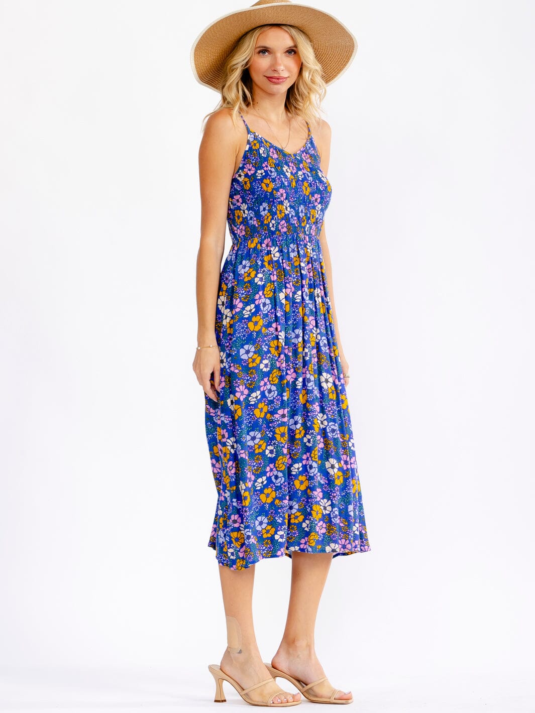 WOMEN'S SLEEVELESS V-NECK SMOCK FLORAL MIDI DRESS