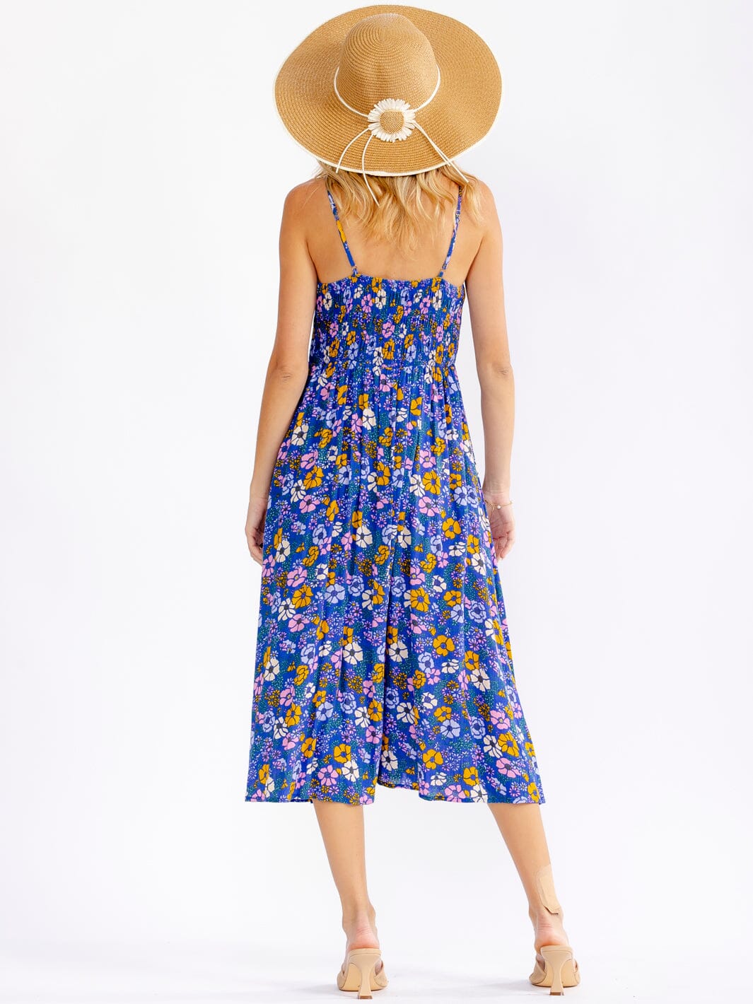 WOMEN'S SLEEVELESS V-NECK SMOCK FLORAL MIDI DRESS
