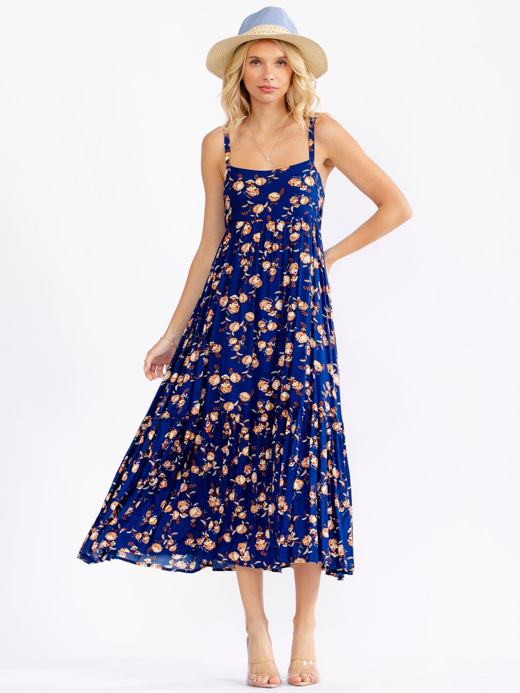 WOMEN'S SLEEVELESS SQUARE NECK SMOCK FLORAL MAXI DRESS