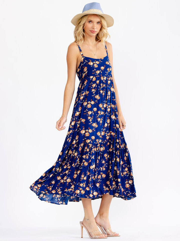 WOMEN'S SLEEVELESS SQUARE NECK SMOCK FLORAL MAXI DRESS