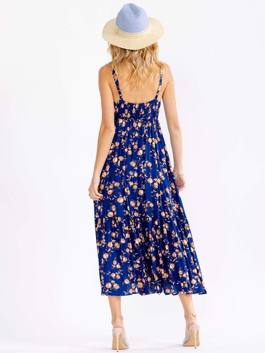 WOMEN'S SLEEVELESS SQUARE NECK SMOCK FLORAL MAXI DRESS