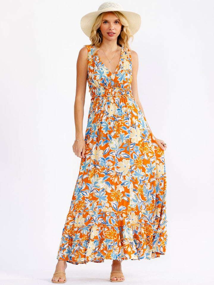 WOMEN'S SLEEVELESS V-NECK ELASTIC WAIST TIERED FLORAL MAXI DRESS