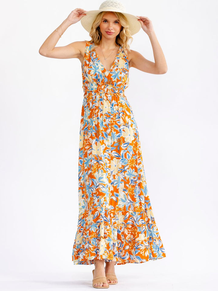 WOMEN'S SLEEVELESS V-NECK ELASTIC WAIST TIERED FLORAL MAXI DRESS