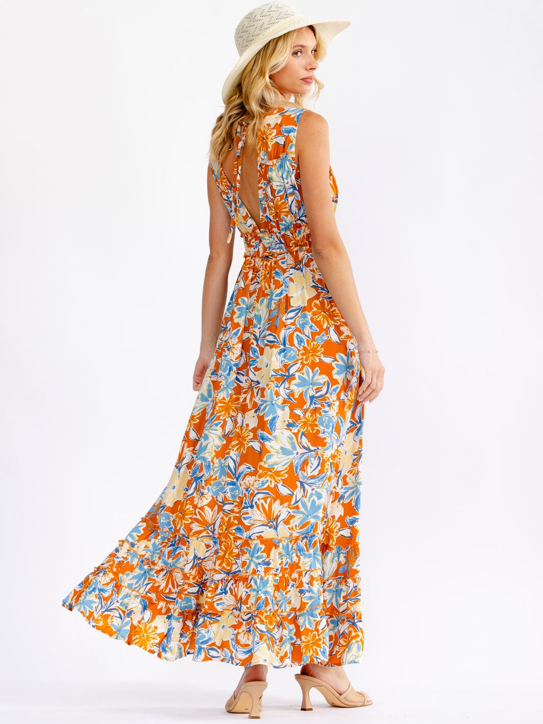 WOMEN'S SLEEVELESS V-NECK ELASTIC WAIST TIERED FLORAL MAXI DRESS