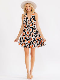 WOMEN'S SLEEVELESS V-NECK FRONT POCKETS ELASTIC WAIST TIERED FLORAL MINI DRESS