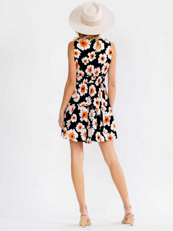 WOMEN'S SLEEVELESS V-NECK FRONT POCKETS ELASTIC WAIST TIERED FLORAL MINI DRESS