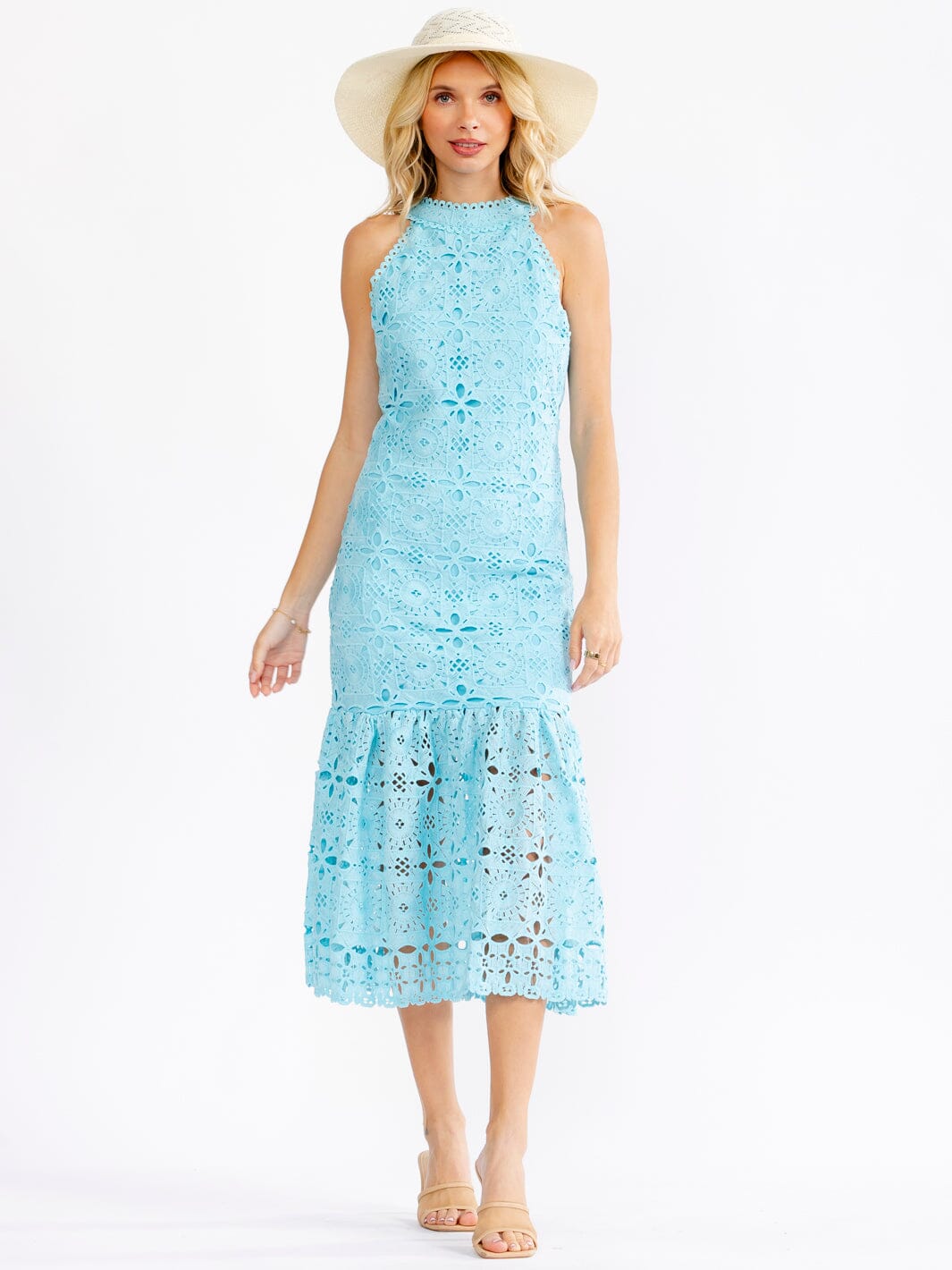 JUST ME WOMEN'S SLEEVELESS HALTER NECK EMBROIDERY BODYCON MAXI DRESS