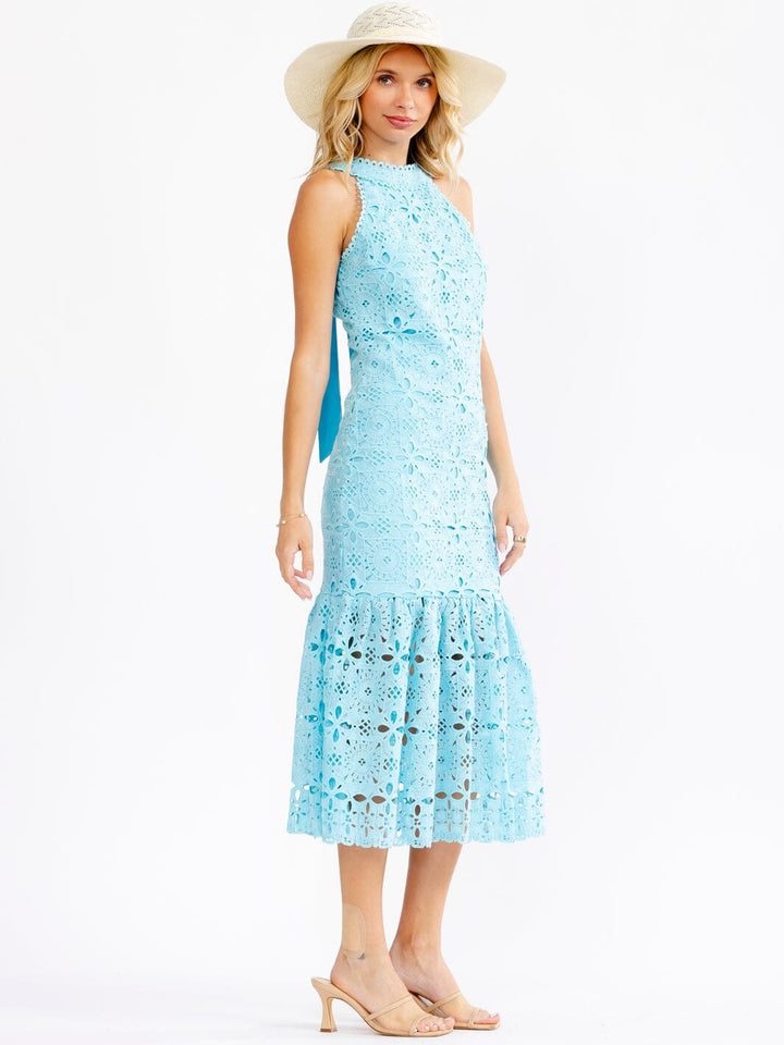 JUST ME WOMEN'S SLEEVELESS HALTER NECK EMBROIDERY BODYCON MAXI DRESS