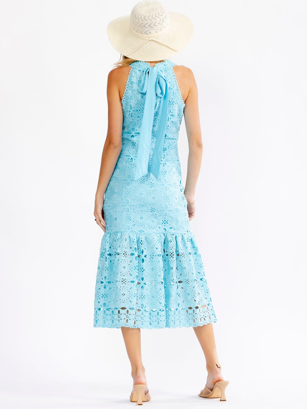 JUST ME WOMEN'S SLEEVELESS HALTER NECK EMBROIDERY BODYCON MAXI DRESS