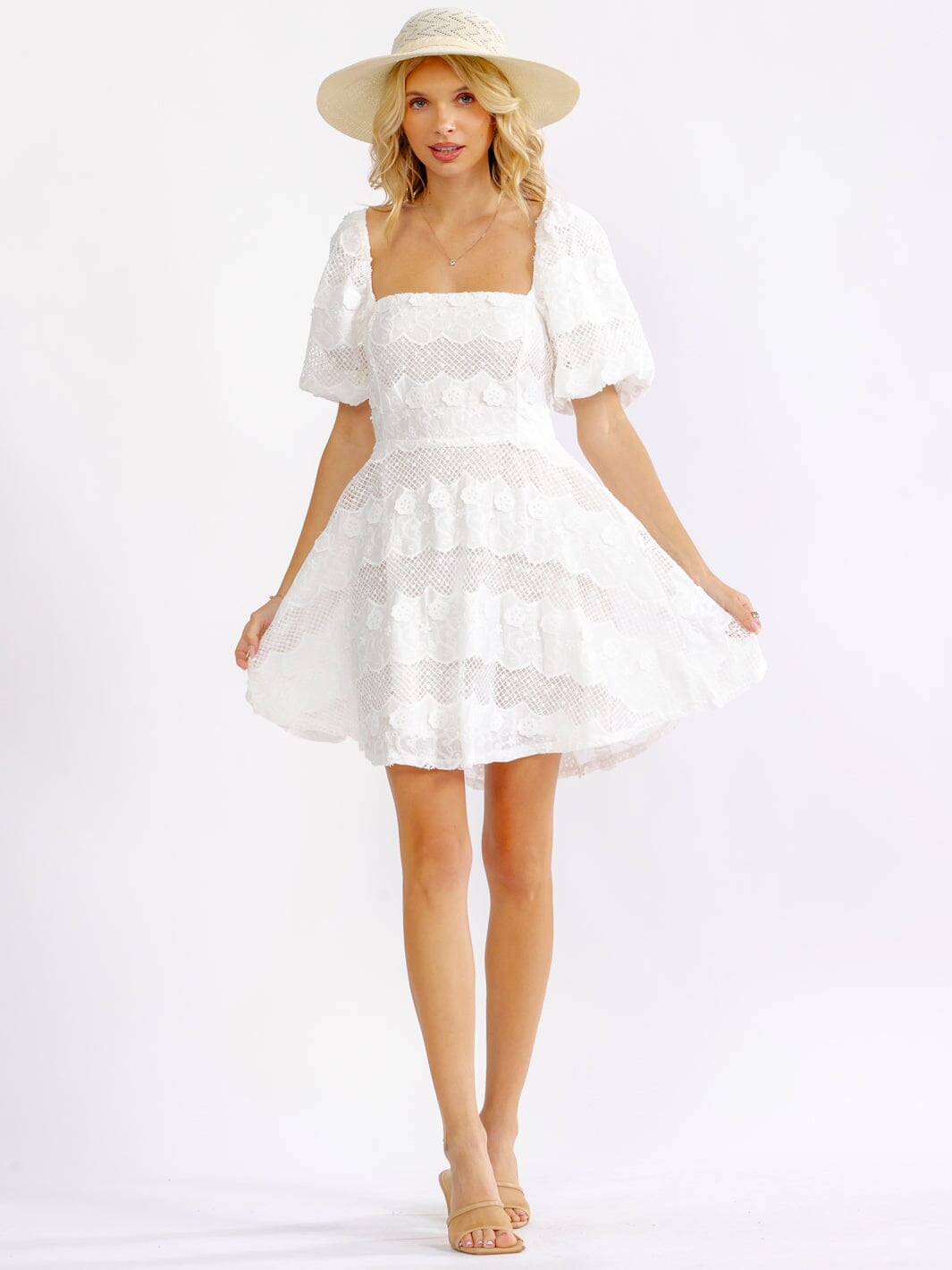 JUST ME WOMEN'S SHORT PUFF SLEEVE SQUARE NECK FIT & FLARE OPEN BACK EMBROIDERY MINI DRESS