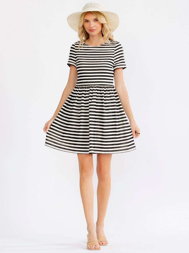 JUST ME WOMEN'S SHORT SLEEVE FIT & FLARE COLORBLOCK STRIPES MINI DRESS