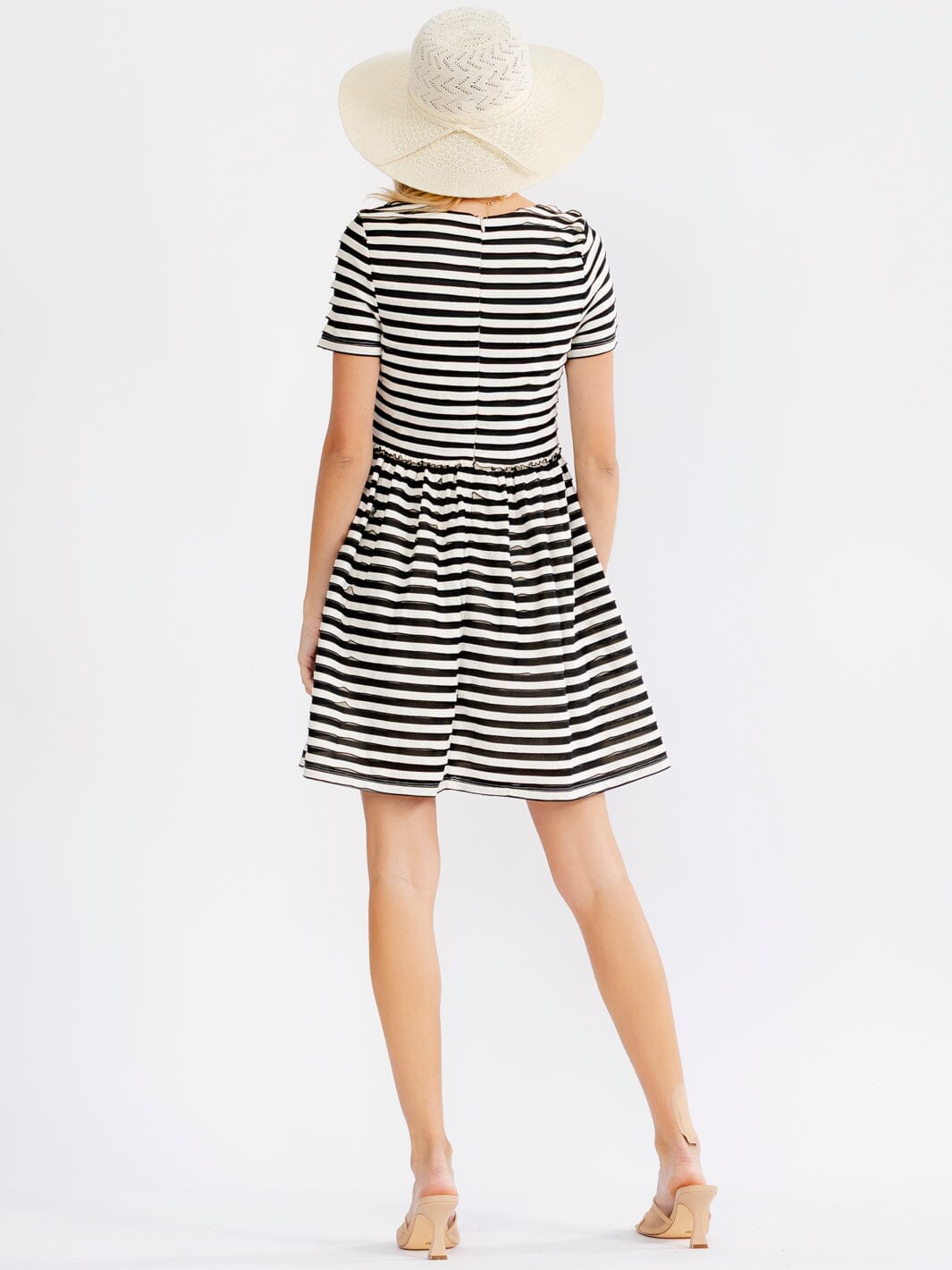 JUST ME WOMEN'S SHORT SLEEVE FIT & FLARE COLORBLOCK STRIPES MINI DRESS