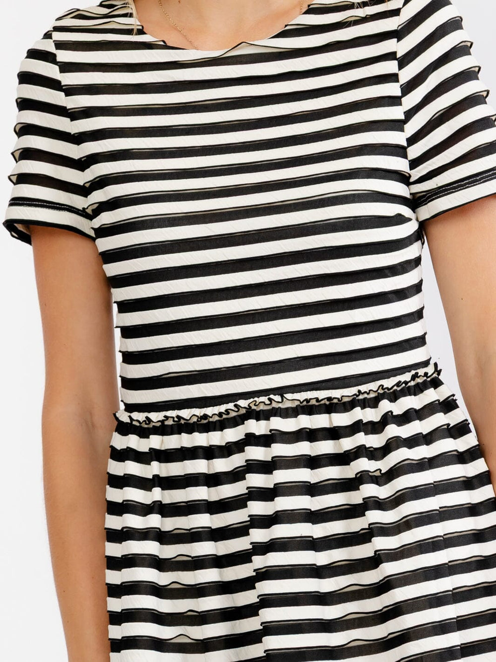 JUST ME WOMEN'S SHORT SLEEVE FIT & FLARE COLORBLOCK STRIPES MINI DRESS