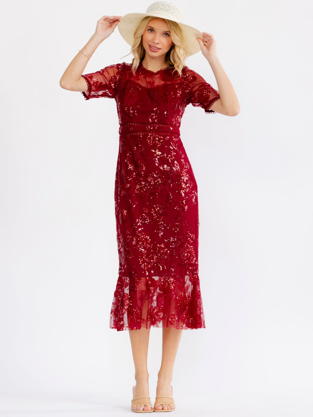 JUST ME WOMEN'S SHORT SLEEVE TRIM DETAILED SEQUINS BODYCON MAXI DRESS