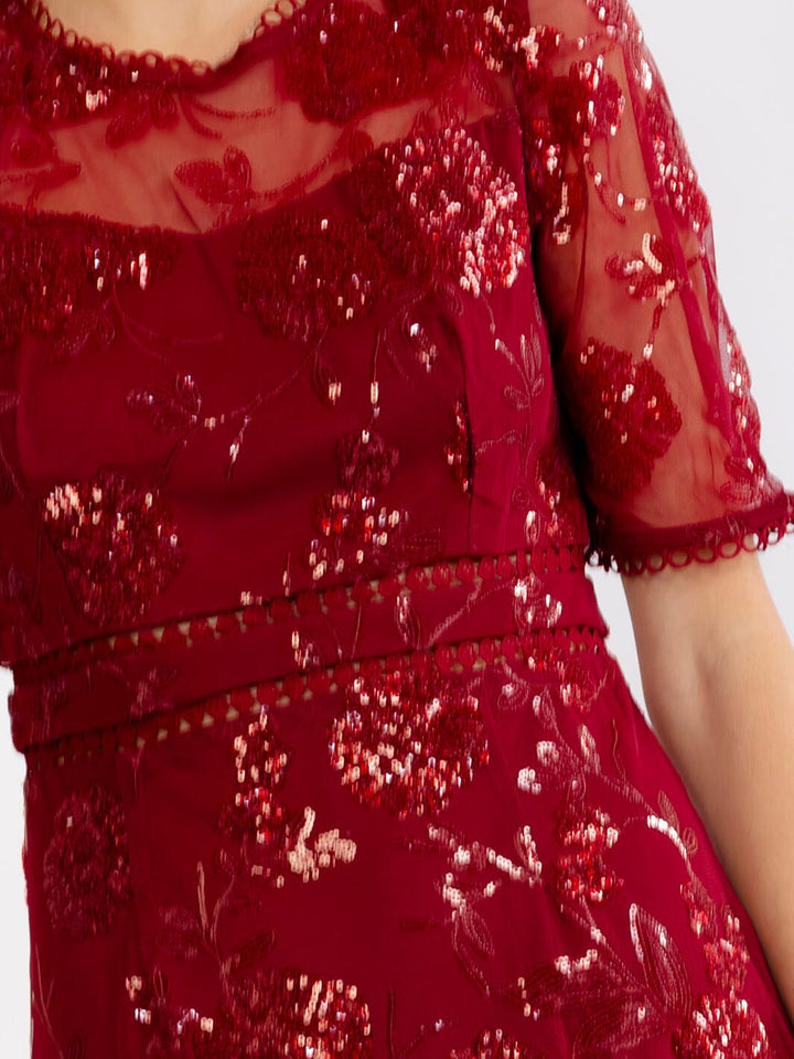 JUST ME WOMEN'S SHORT SLEEVE TRIM DETAILED SEQUINS BODYCON MAXI DRESS