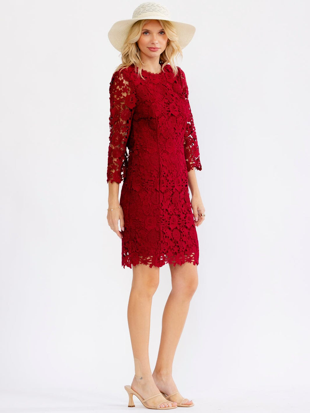 JUST ME WOMEN'S 3/4 SLEEVE OPEN BACK FLORAL CROCHET BODYCON MINI DRESS