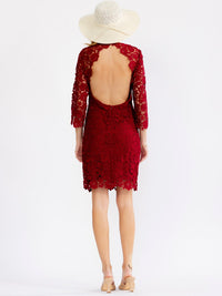 JUST ME WOMEN'S 3/4 SLEEVE OPEN BACK FLORAL CROCHET BODYCON MINI DRESS