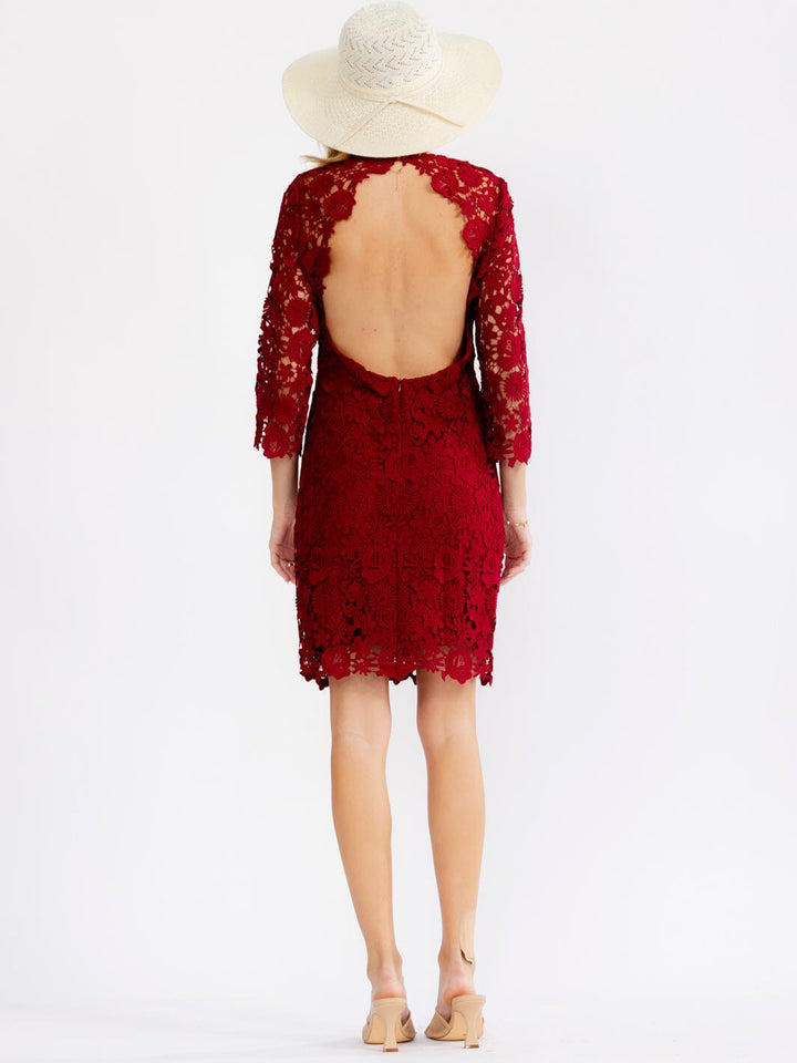 JUST ME WOMEN'S 3/4 SLEEVE OPEN BACK FLORAL CROCHET BODYCON MINI DRESS