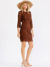 JUST ME WOMEN'S 3/4 SLEEVE OPEN BACK FLORAL CROCHET BODYCON MINI DRESS