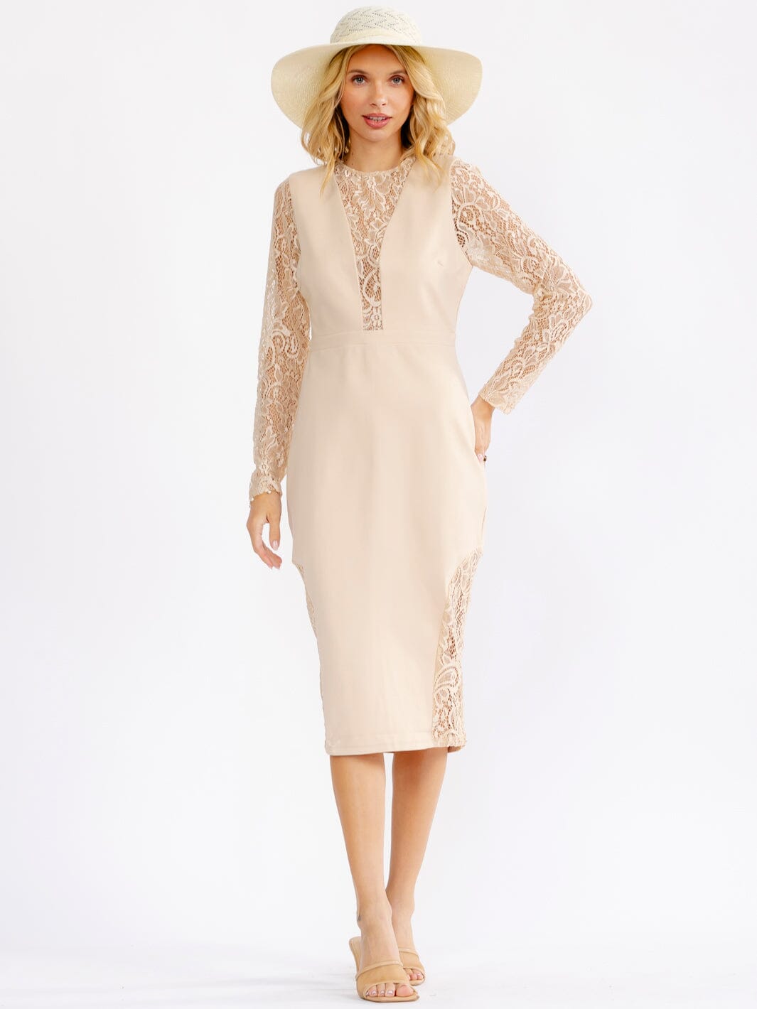 JUST ME WOMEN'S LONG SLEEVE MESH LACE DETAILED BODYCON MIDI DRESS