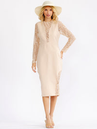 JUST ME WOMEN'S LONG SLEEVE MESH LACE DETAILED BODYCON MIDI DRESS