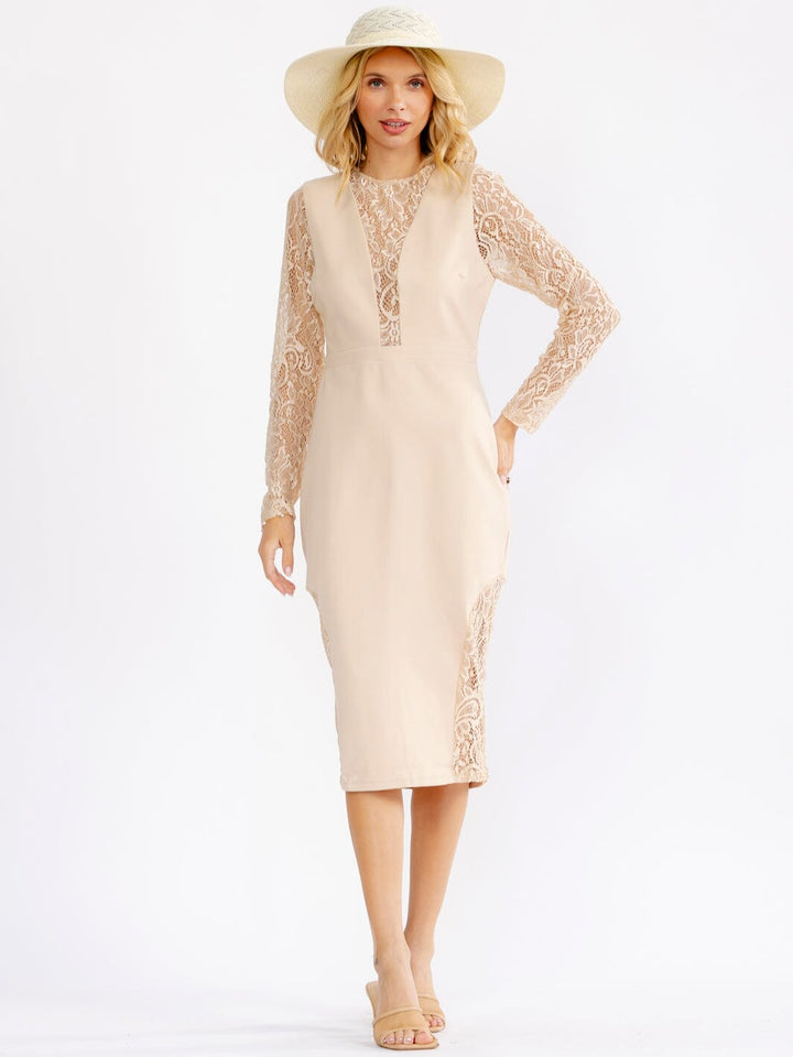 JUST ME WOMEN'S LONG SLEEVE MESH LACE DETAILED BODYCON MIDI DRESS