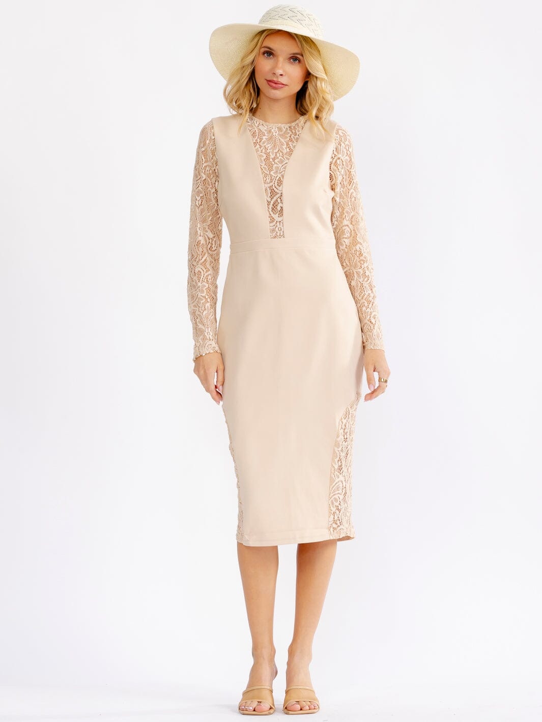 JUST ME WOMEN'S LONG SLEEVE MESH LACE DETAILED BODYCON MIDI DRESS