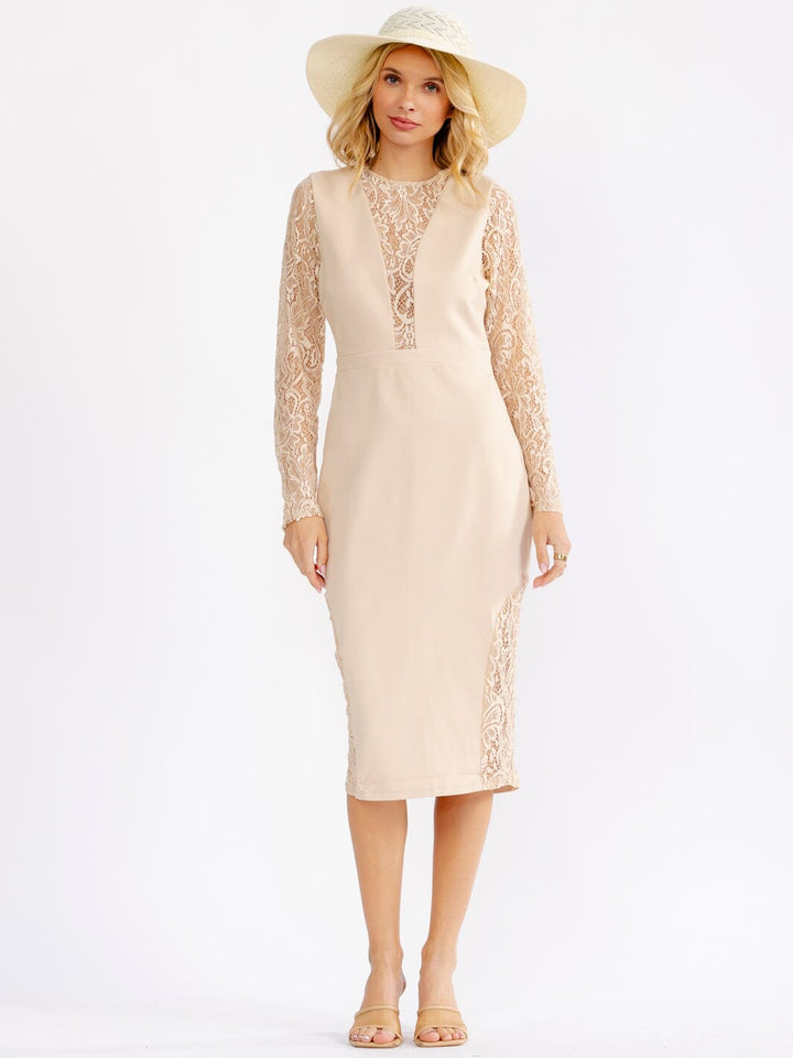 JUST ME WOMEN'S LONG SLEEVE MESH LACE DETAILED BODYCON MIDI DRESS