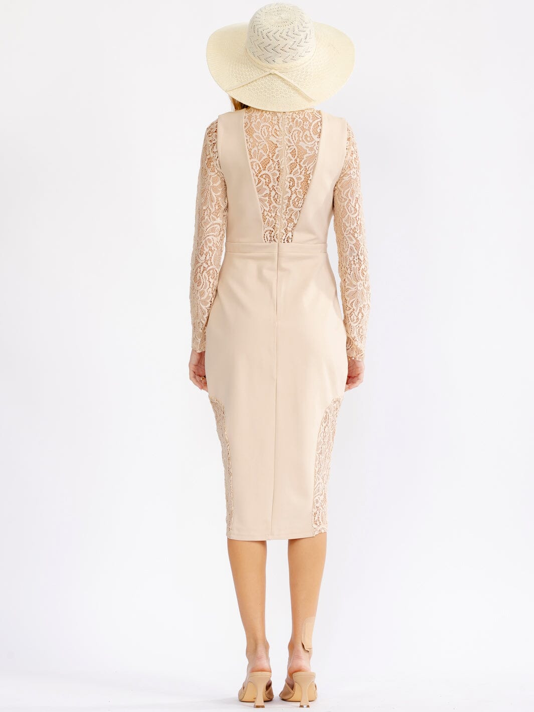 JUST ME WOMEN'S LONG SLEEVE MESH LACE DETAILED BODYCON MIDI DRESS