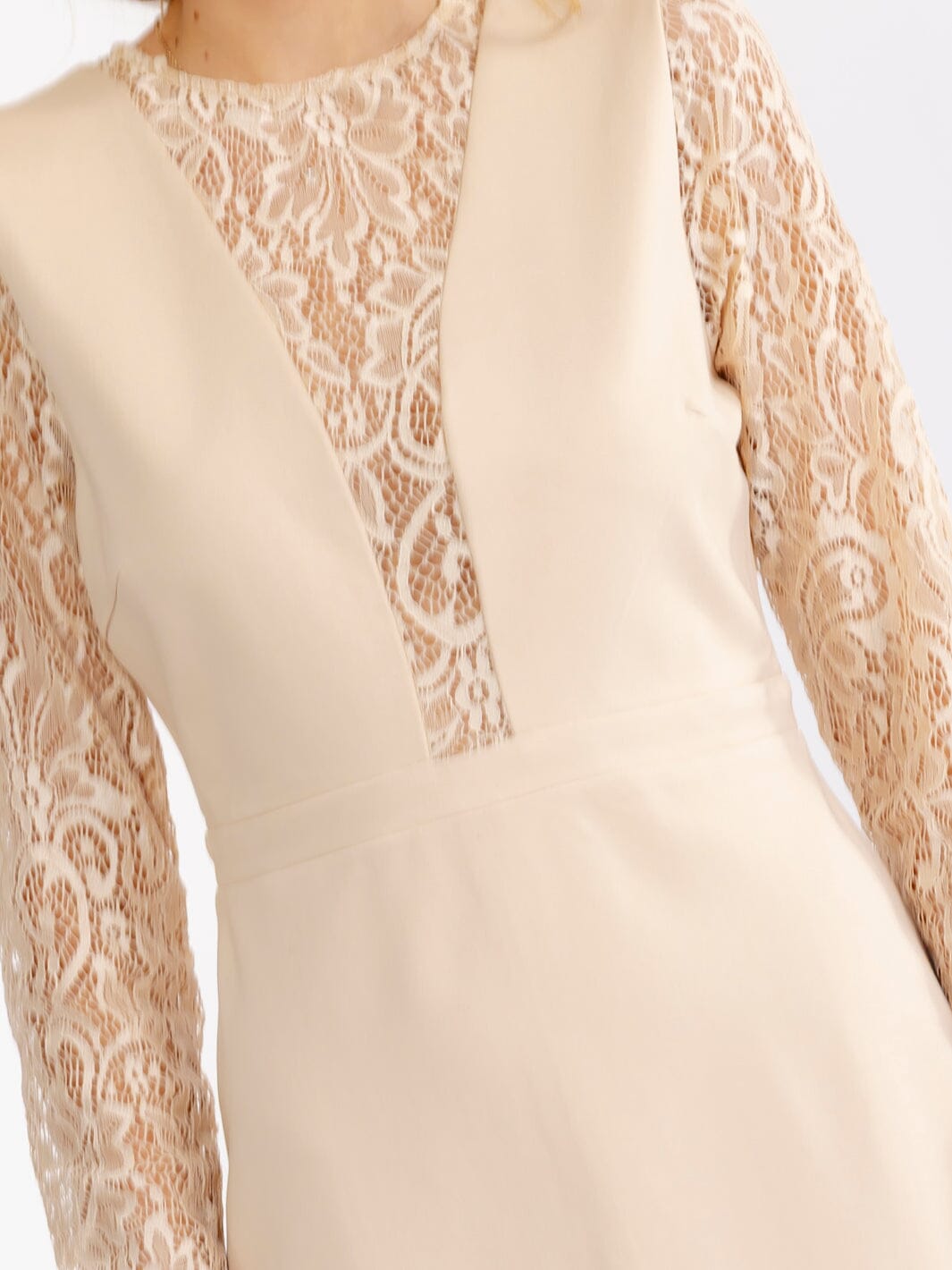 JUST ME WOMEN'S LONG SLEEVE MESH LACE DETAILED BODYCON MIDI DRESS
