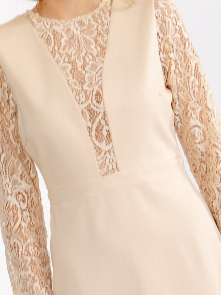 JUST ME WOMEN'S LONG SLEEVE MESH LACE DETAILED BODYCON MIDI DRESS