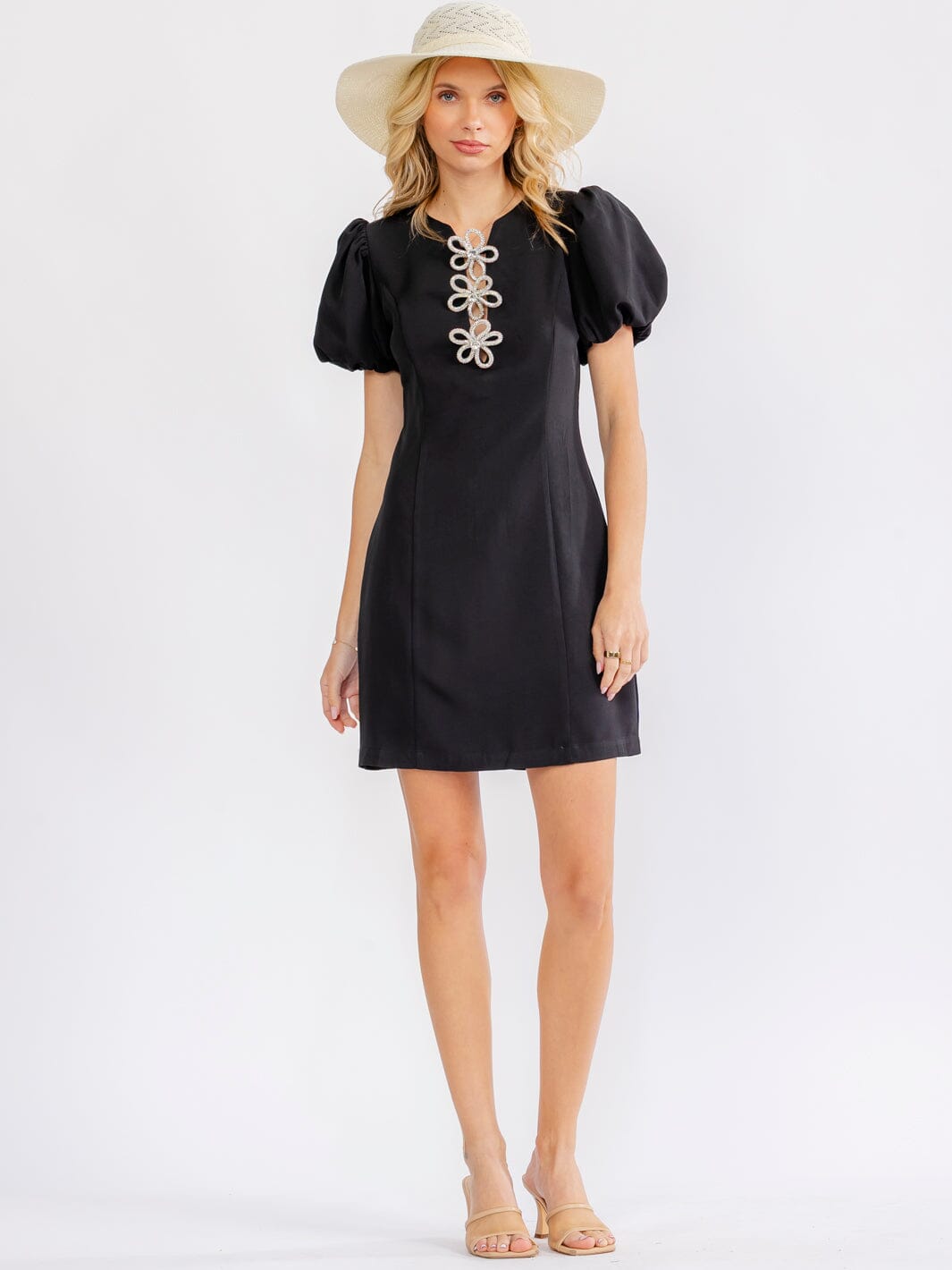 WOMEN'S SHORT PUFF SLEEVE FLOWER DETAILED BODYCON MINI DRESS