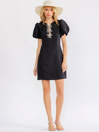 WOMEN'S SHORT PUFF SLEEVE FLOWER DETAILED BODYCON MINI DRESS