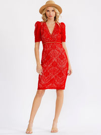 JUST ME WOMEN'S SHORT PUFF SLEEVE V-NECK OPEN BACK BODYCON LACE MINI DRESS