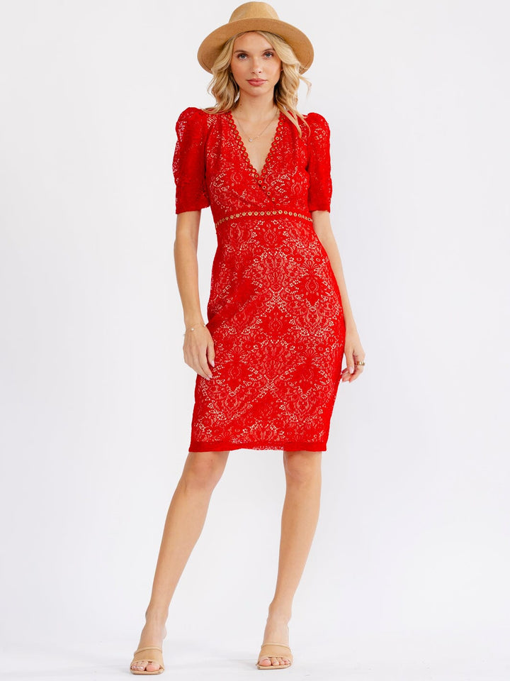 JUST ME WOMEN'S SHORT PUFF SLEEVE V-NECK OPEN BACK BODYCON LACE MINI DRESS