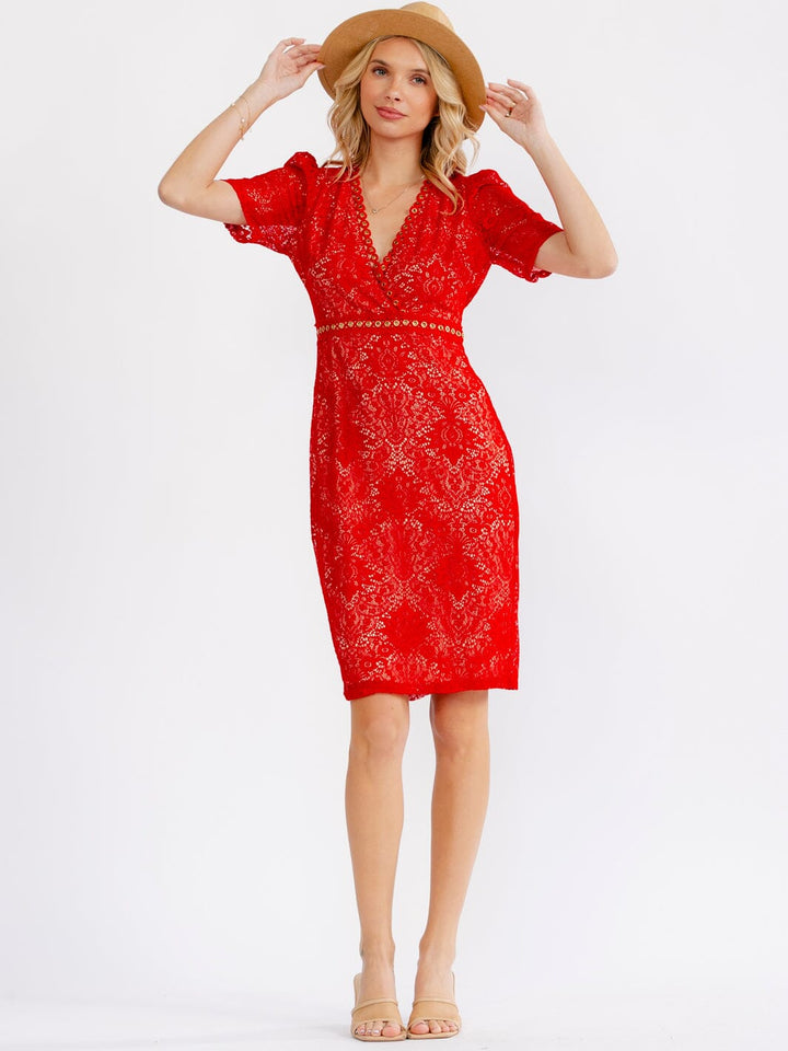 JUST ME WOMEN'S SHORT PUFF SLEEVE V-NECK OPEN BACK BODYCON LACE MINI DRESS