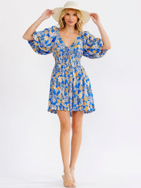 WOMEN'S SHORT SLEEVE V-NECK SMOCK WAIST TIERED FLORAL MINI DRESS